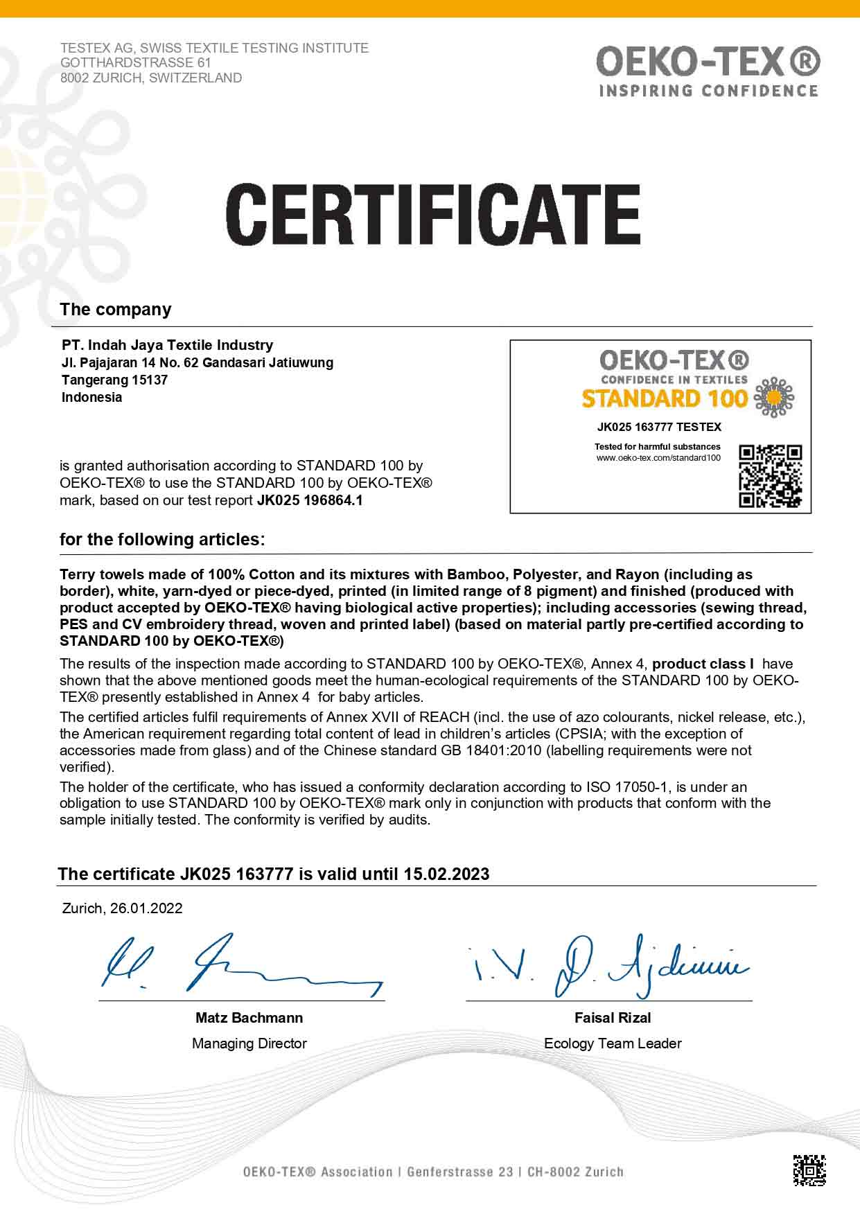Oeko Tex Certificate